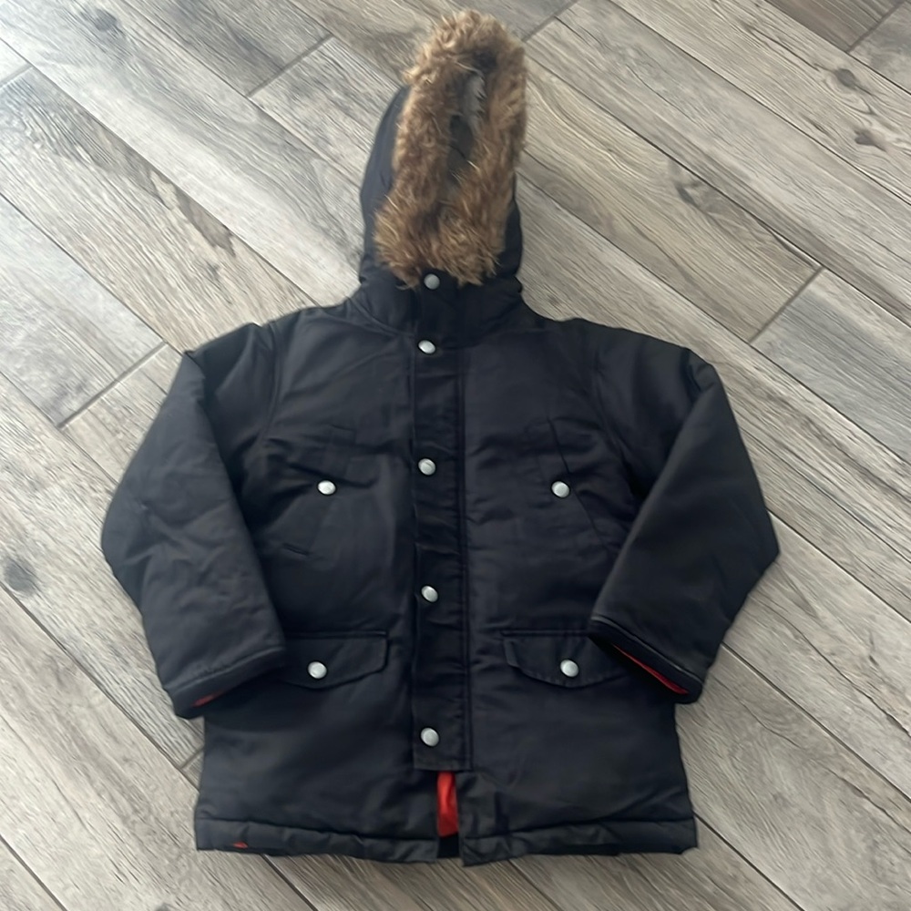 EUC The Children’s Place black hooded fur jacket, sz 7/8